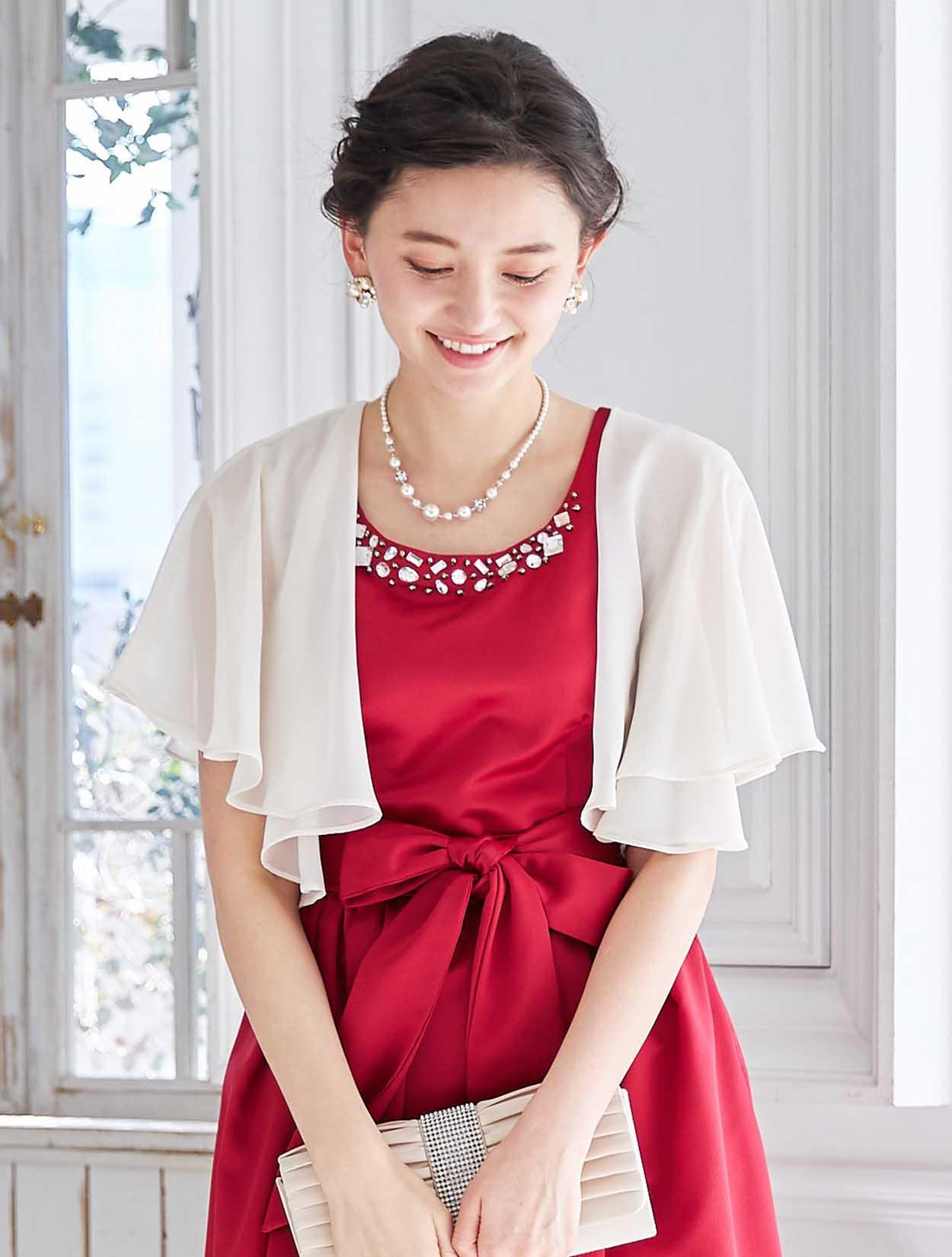 S～L】クリスタルビジュー付きレースアップドレス（レッド）DPSET0213