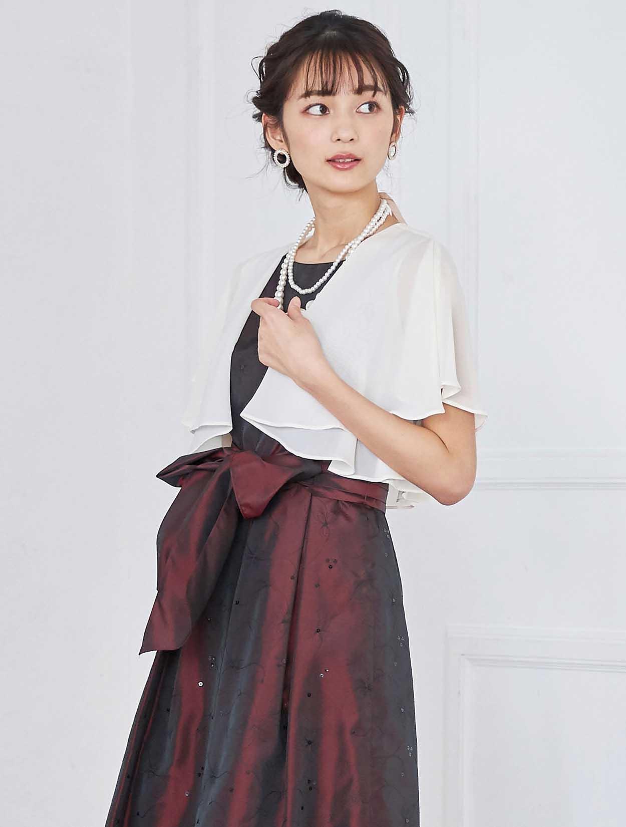 M/L】シャンブレータフタ刺繍フィット&フレアドレス(ボルドー M/L】シャンブレータフタ刺繍フィット&フレアドレス(ボルドー