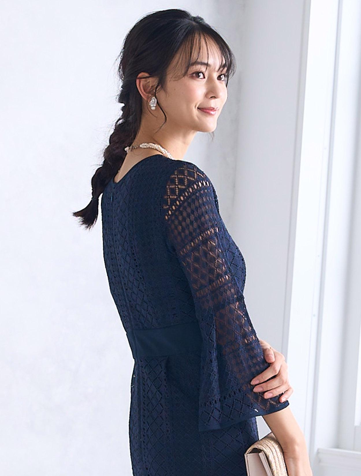 M/L】レース7分袖タイトドレス（ネイビー）DPSET0444のレンタル