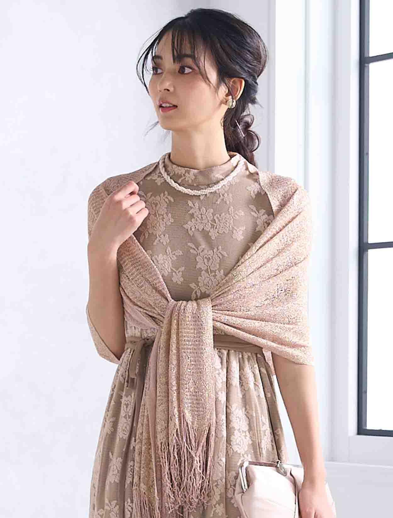 M】メッシュレース配色ドレス（ベージュ）DPSET0496のレンタル