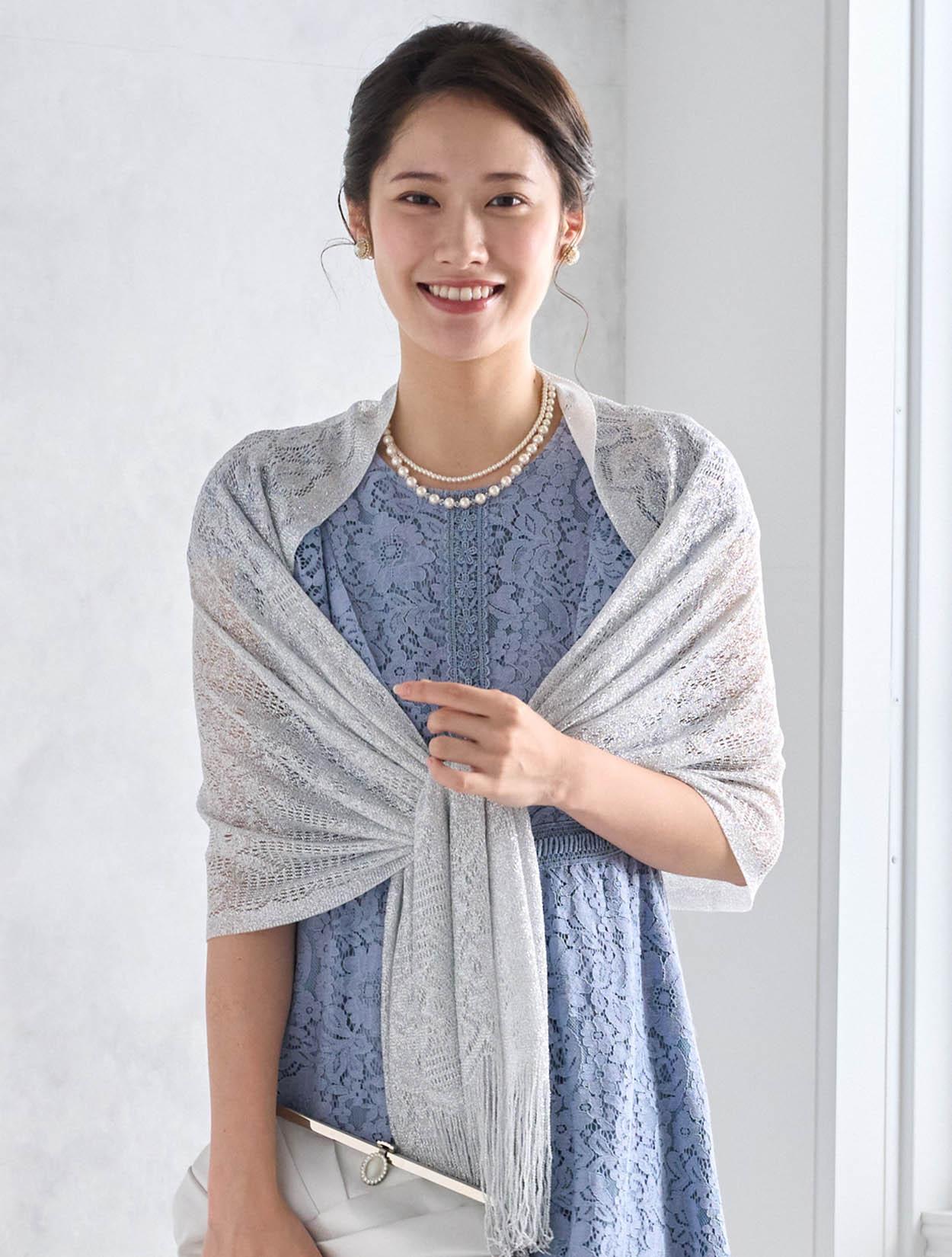 M】ラッフルスリーブ総レースドレス（サックス）DPSET0542の