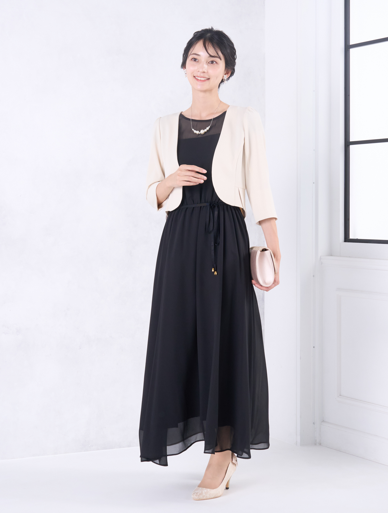 M】オーガンジー胸元透かしミディ丈ドレス（ブラック）DPSET0692