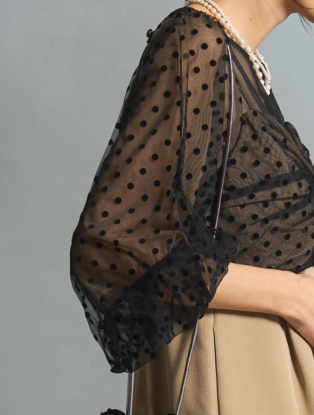 M】フロッキードットペンシルロングドレス（ベージュ）DPSET0754