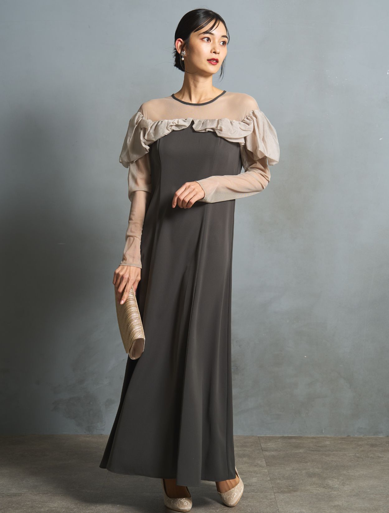 M/L】ラッフルフリルロングスリーブドレス(スモークグレー M/L】ラッフルフリルロングスリーブドレス(スモークグレー