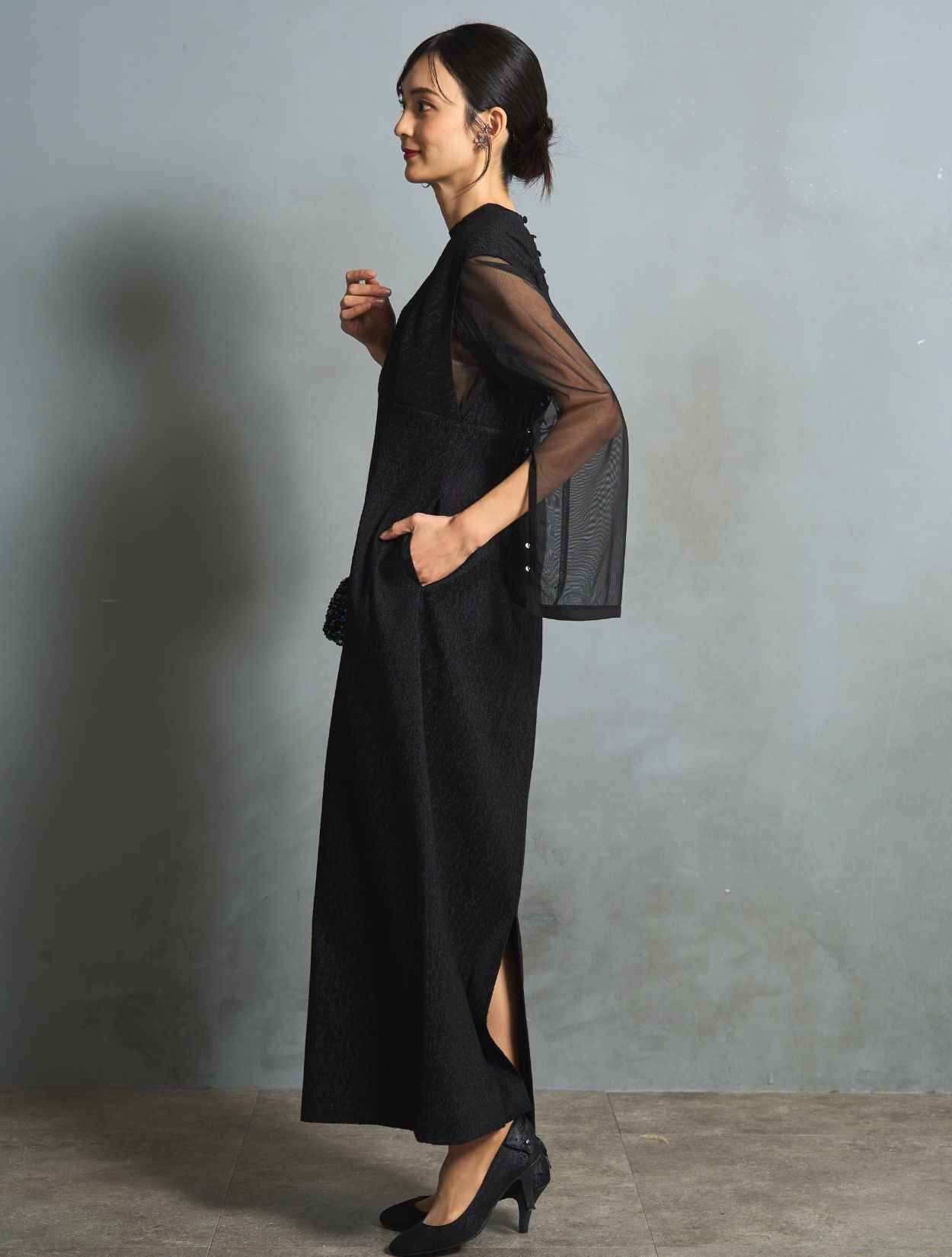 M/L】シアートップス付きジャガードドレス（ブラック）DPSET0760の