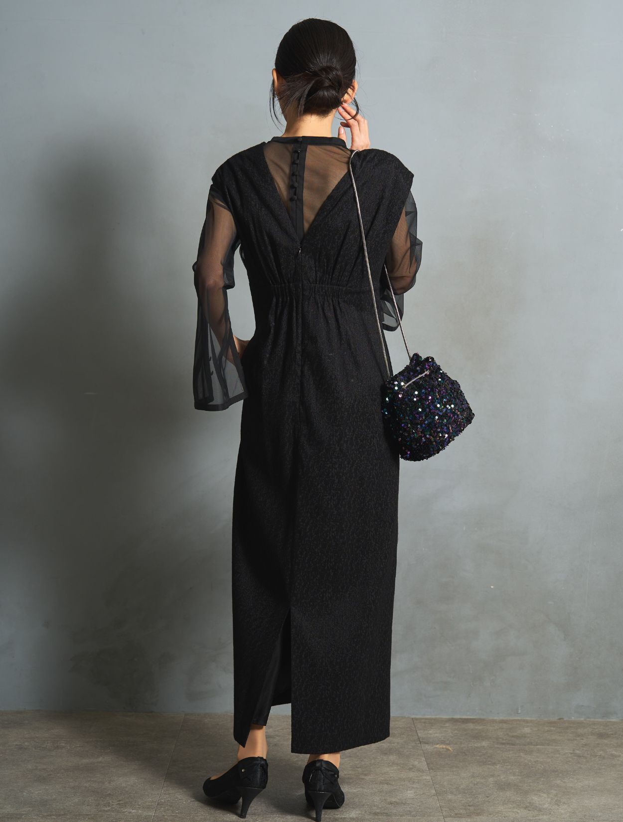 M/L】シアートップス付きジャガードドレス（ブラック）DPSET0760の