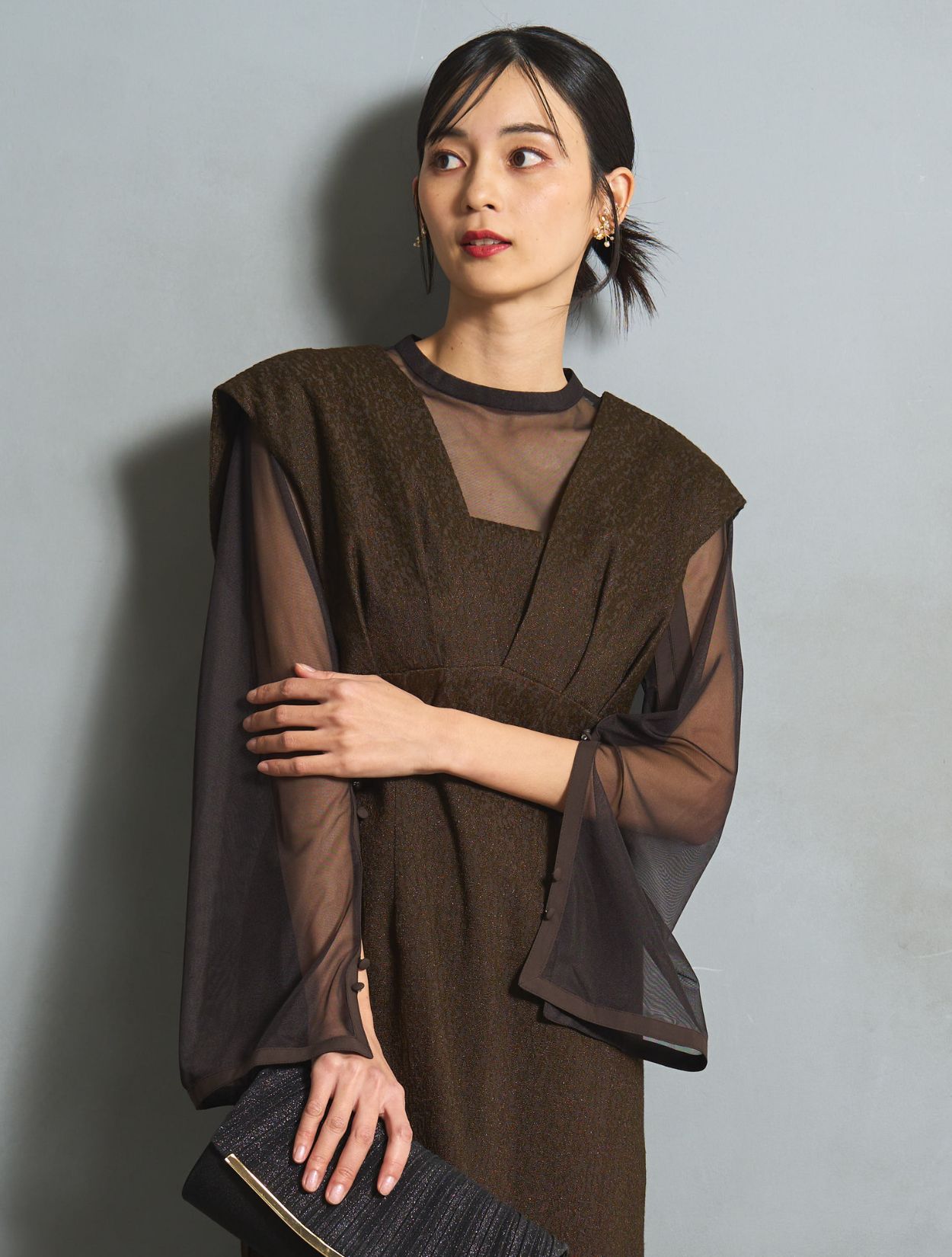 美品✨Settan 総柄ジャガード マキシ丈ドレスブラウン2結婚式パーティーに ニアナ niana ジャガードIラインロングパーティードレス