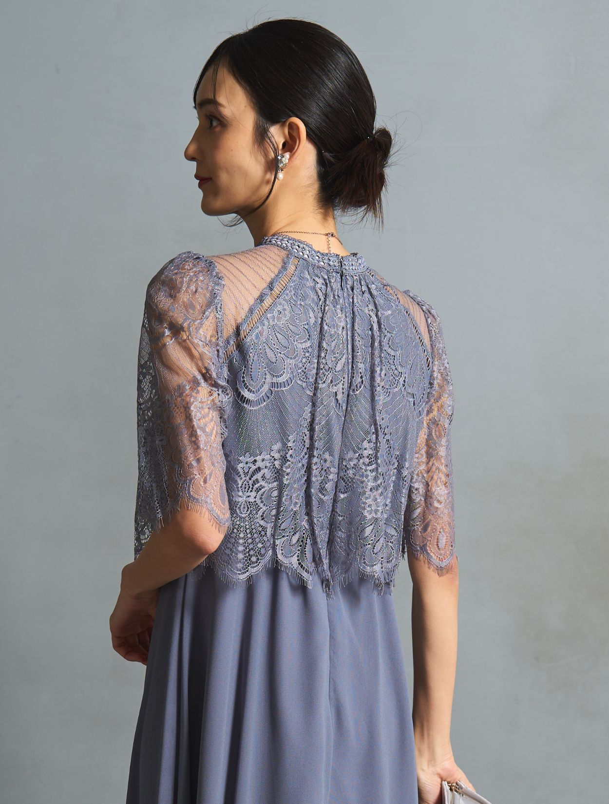 M/L】レーストップスヘム裾ドレス（ブルーグレー）DPSET0768の