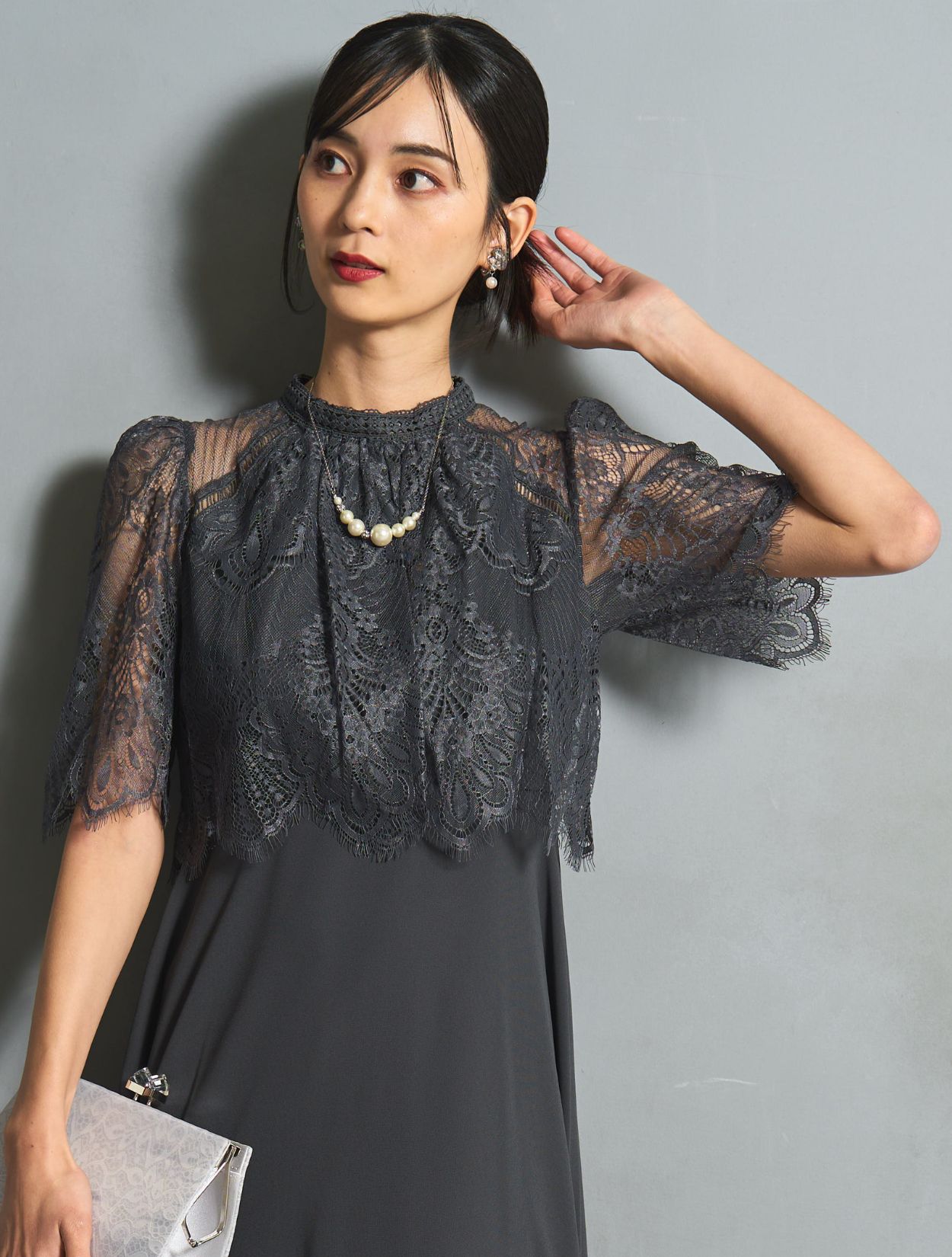 M/L】レーストップスヘム裾ドレス（Cグレー）DPSET0772の