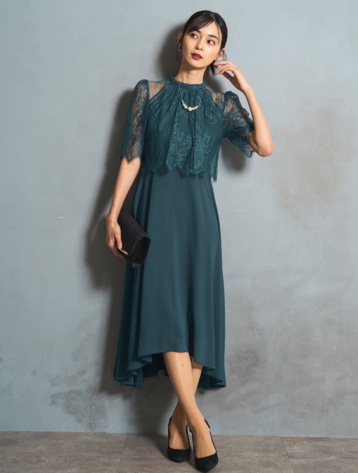 【LK BENNETT】ハーレー グリーン クレープ マキシドレス M/L】レーストップスヘム裾ドレス(グリーン)DPSET0775の