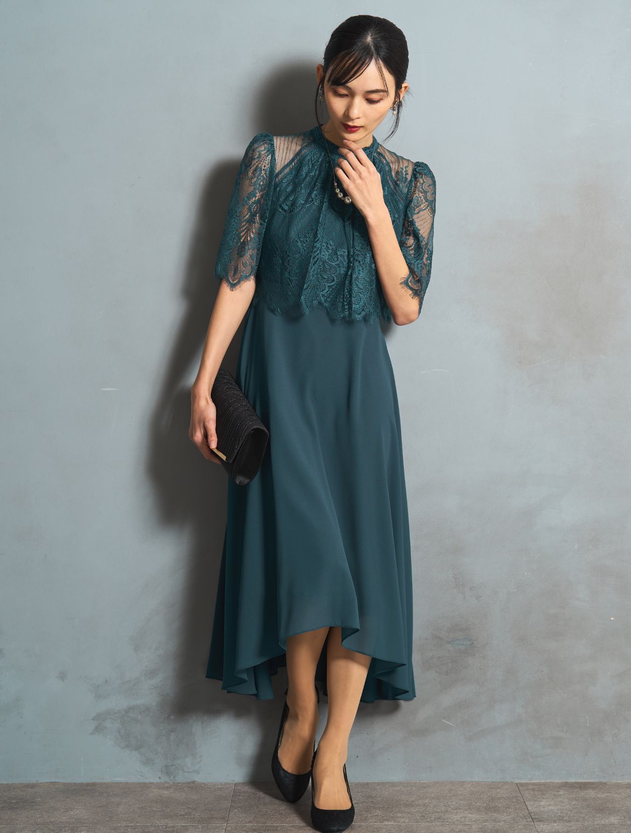 M/L】レーストップスヘム裾ドレス（グリーン）DPSET0775のレンタル