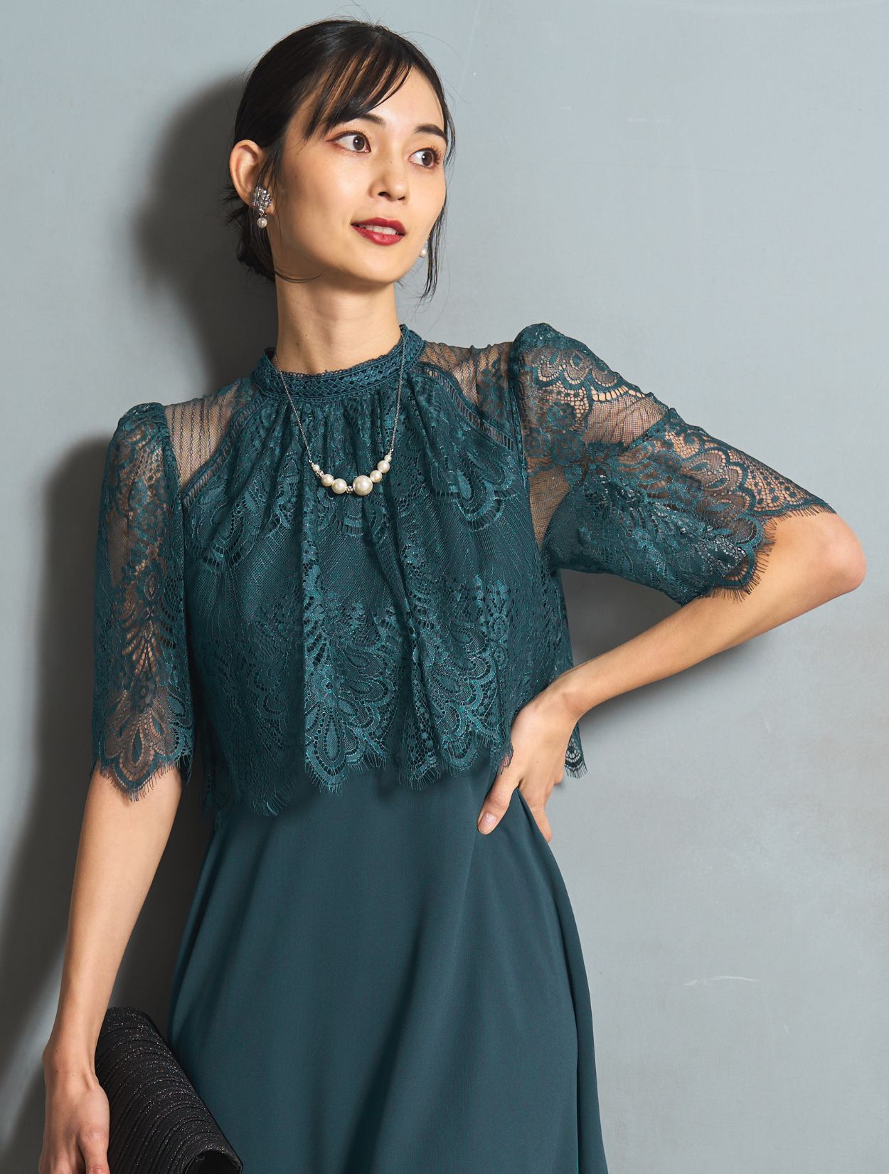 M/L】レーストップスヘム裾ドレス（グリーン）DPSET0775のレンタル