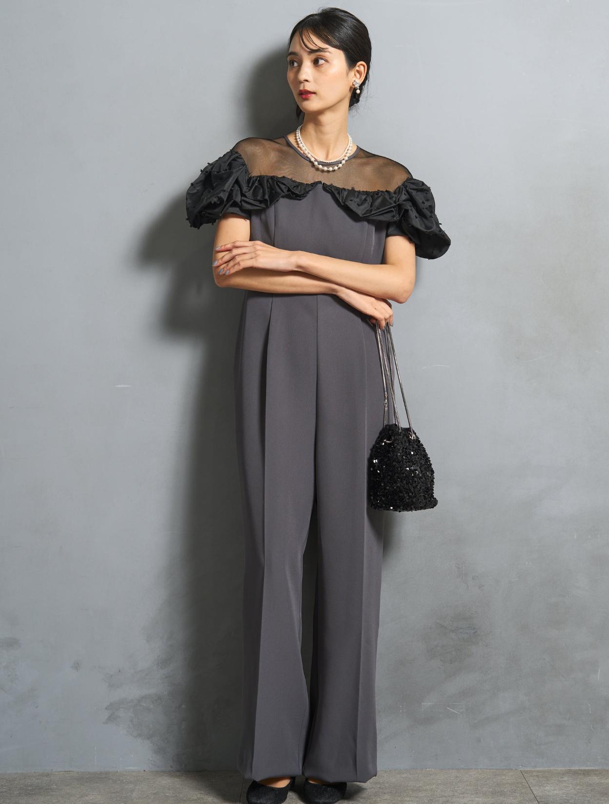 S/M/L】ラッフルスリーブオールインワンドレス（Cグレー）DPSET0807の