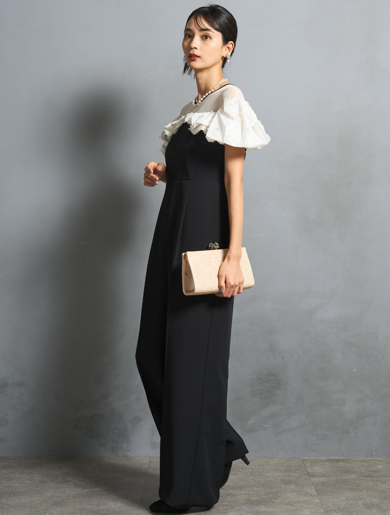 S/M/L】ラッフルスリーブオールインワンドレス（ブラック