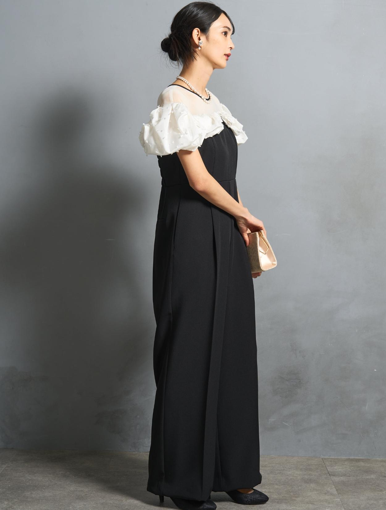 S/M/L】ラッフルスリーブオールインワンドレス（ブラック