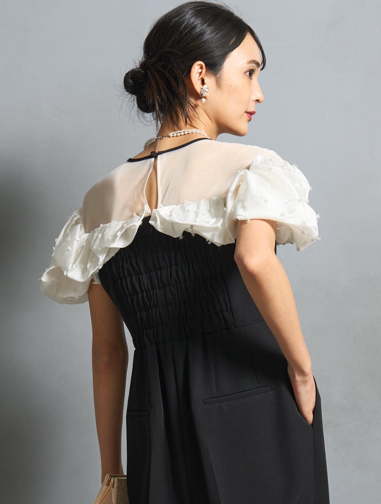 S/M/L】ラッフルスリーブオールインワンドレス（ブラック）DPSET0809の