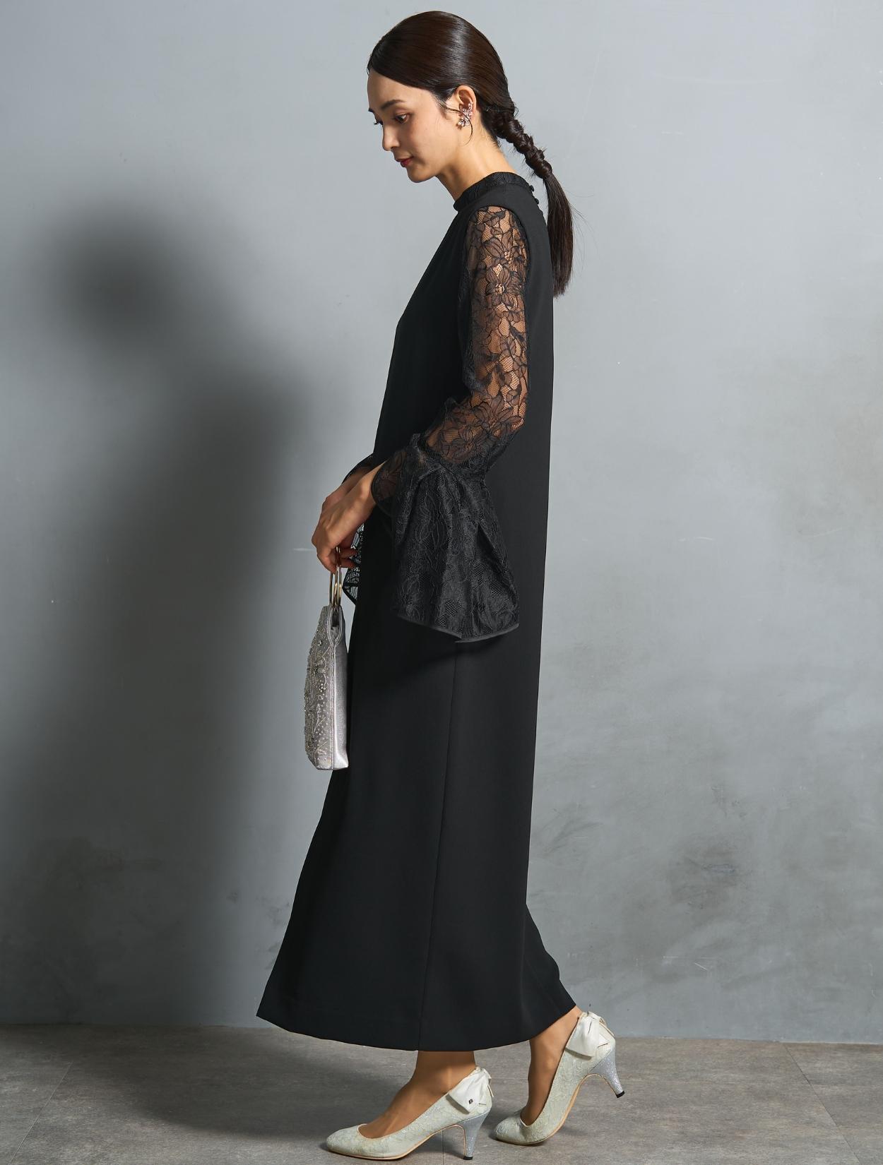 M/L】ベルスリーブレースブラウス付きドレス（ブラック）DPSET0814の