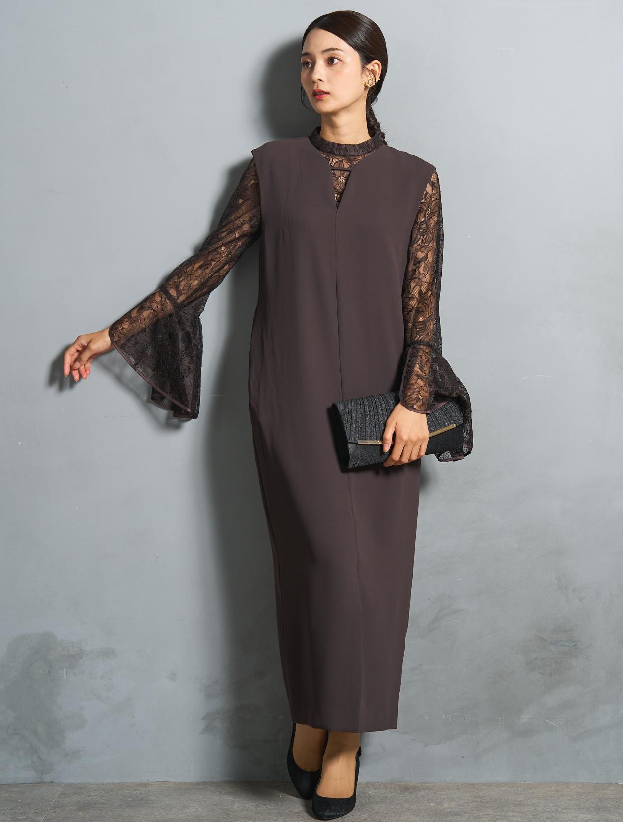 【美品】ベルスリーブスリットドレス パーティー 結婚式 2点セット　ブラウン 楽天市場】ベルスリーブスリットドレス パーティードレス 結婚式