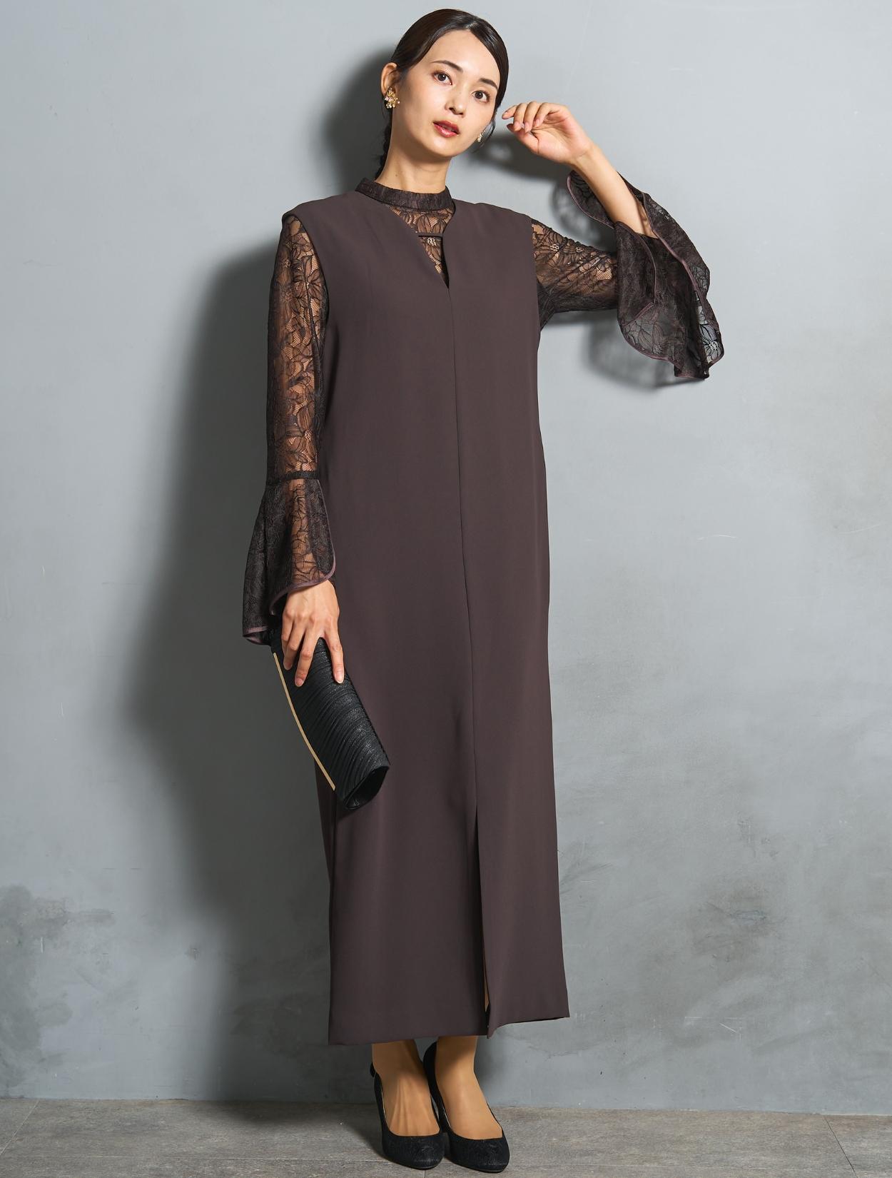 M/L】ベルスリーブレースブラウス付きドレス（ブラウン）DPSET0816の