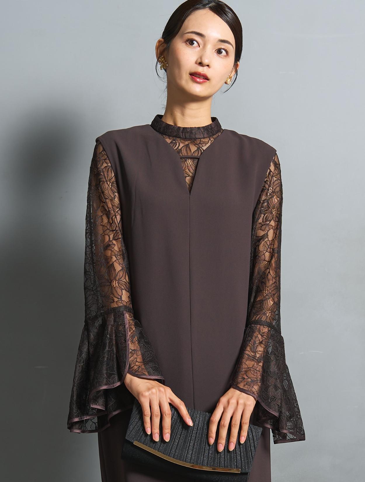 M/L】ベルスリーブレースブラウス付きドレス（ブラウン）DPSET0816の