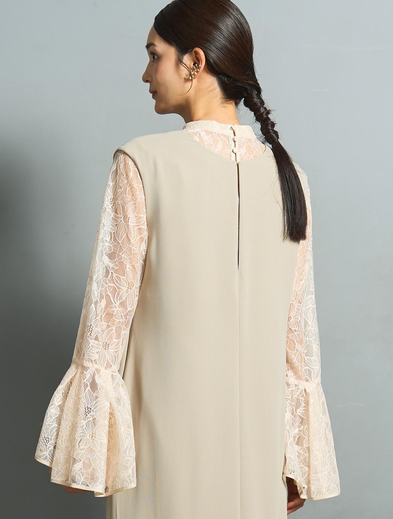 M/L】ベルスリーブレースブラウス付きドレス（ミントベージュ