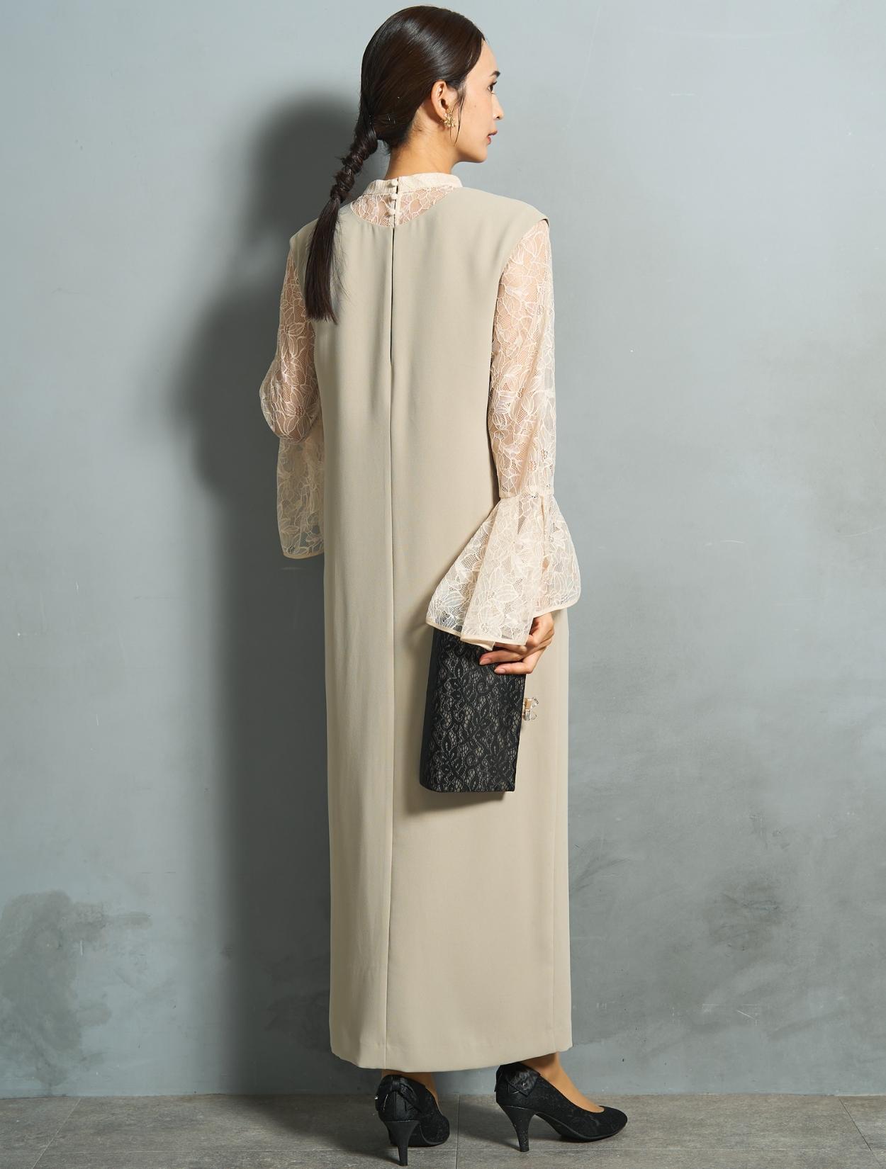 M/L】ベルスリーブレースブラウス付きドレス（ミントベージュ