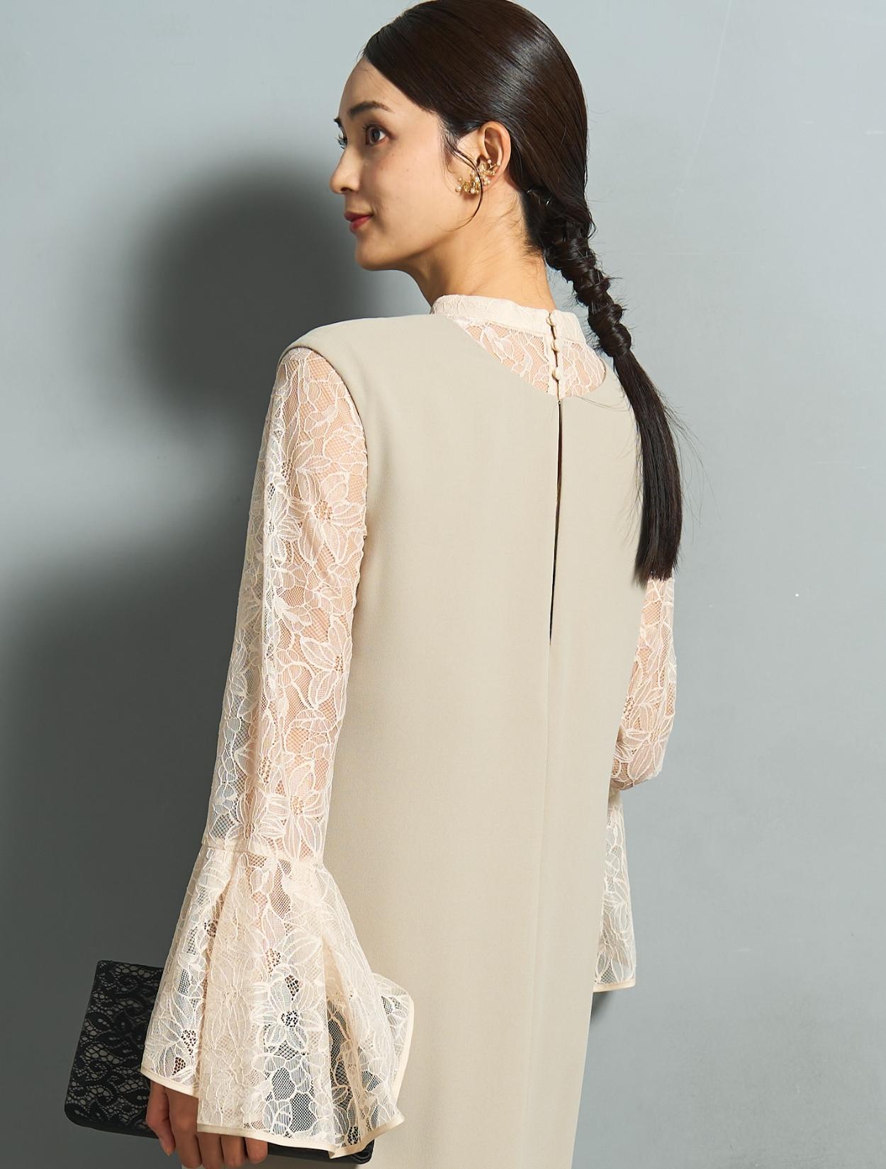 M/L】ベルスリーブレースブラウス付きドレス（ミントベージュ