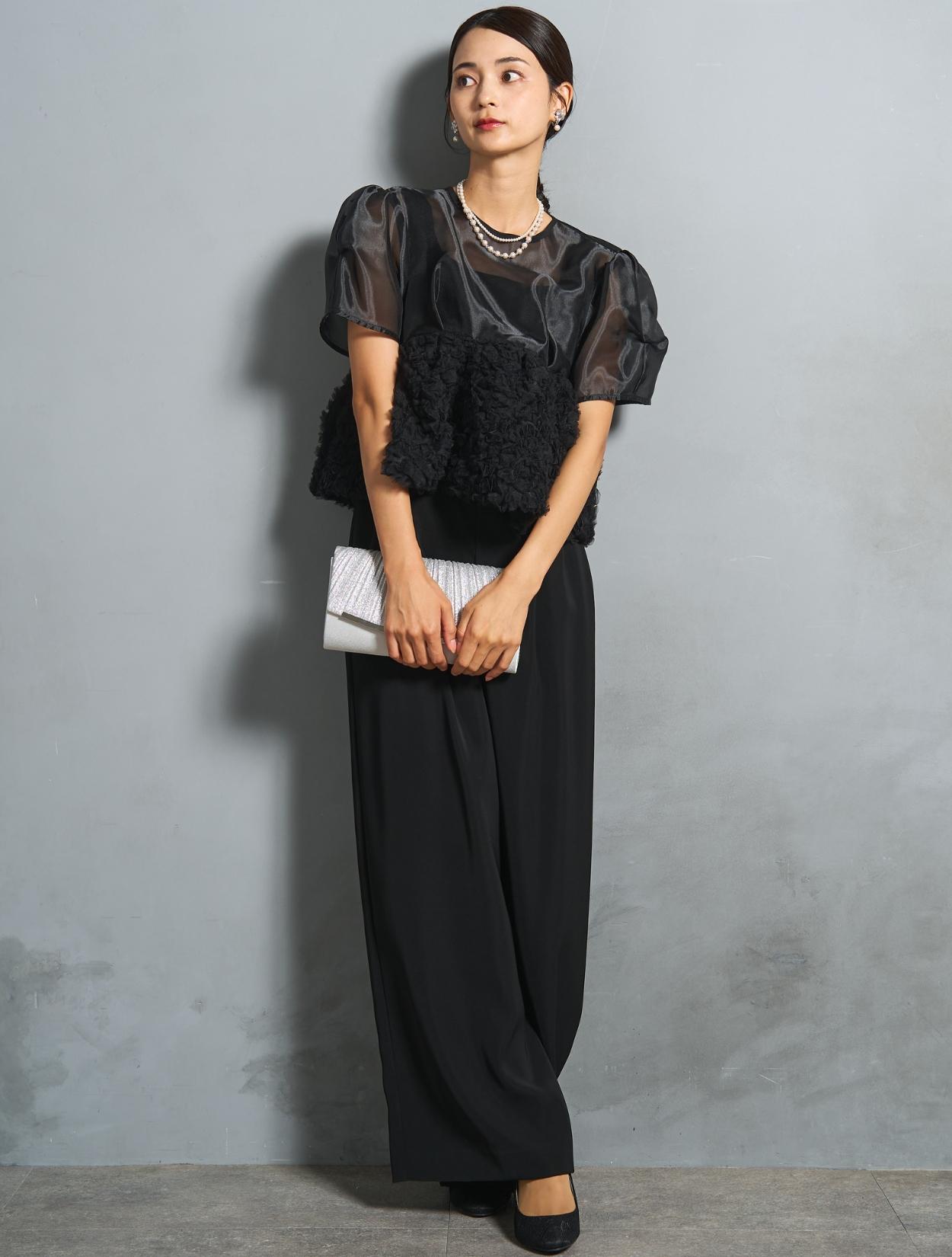 S/M/L】ペプラムブラウスセットアップパンツドレス（ブラック