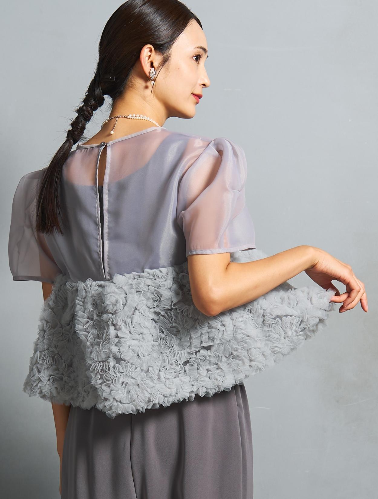 S/M/L】ペプラムブラウスセットアップパンツドレス（グレー）DPSET0821