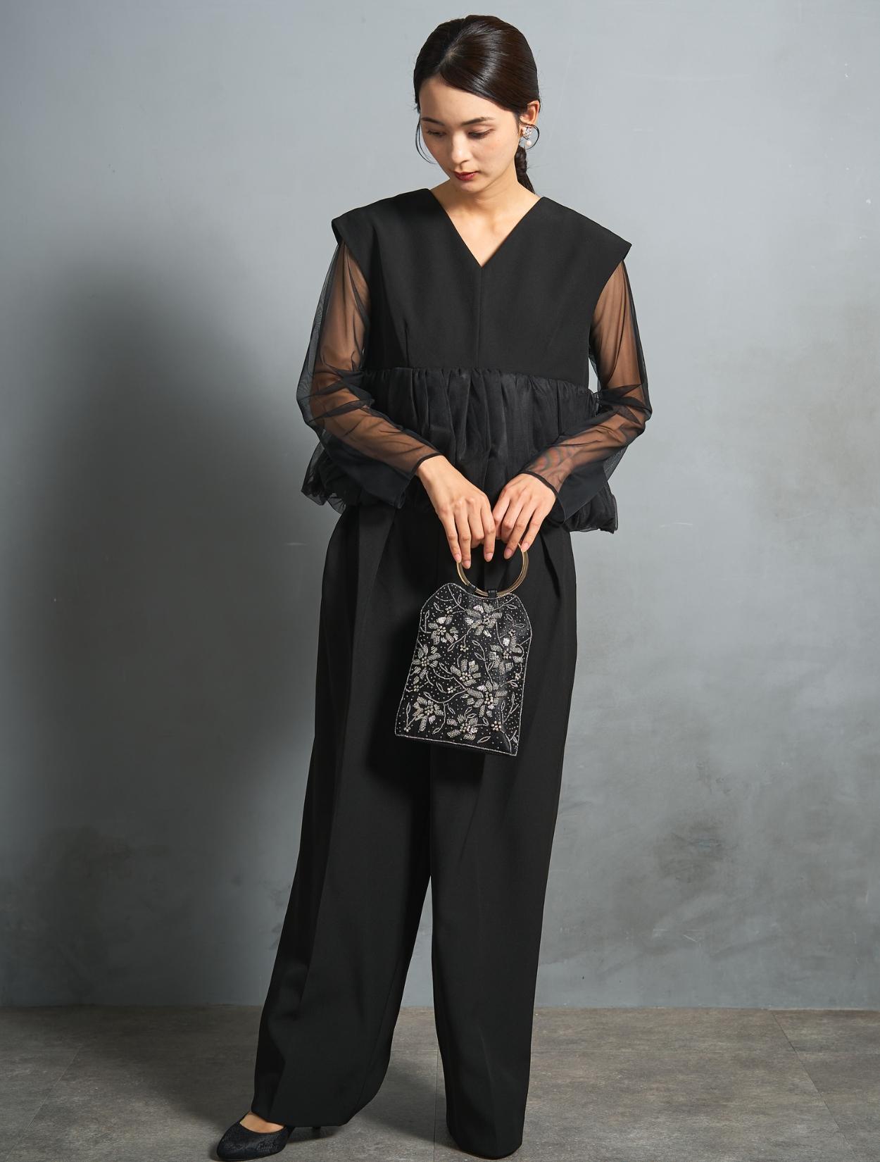 S/M/L】チュールペプラムセットアップパンツドレス（ブラック