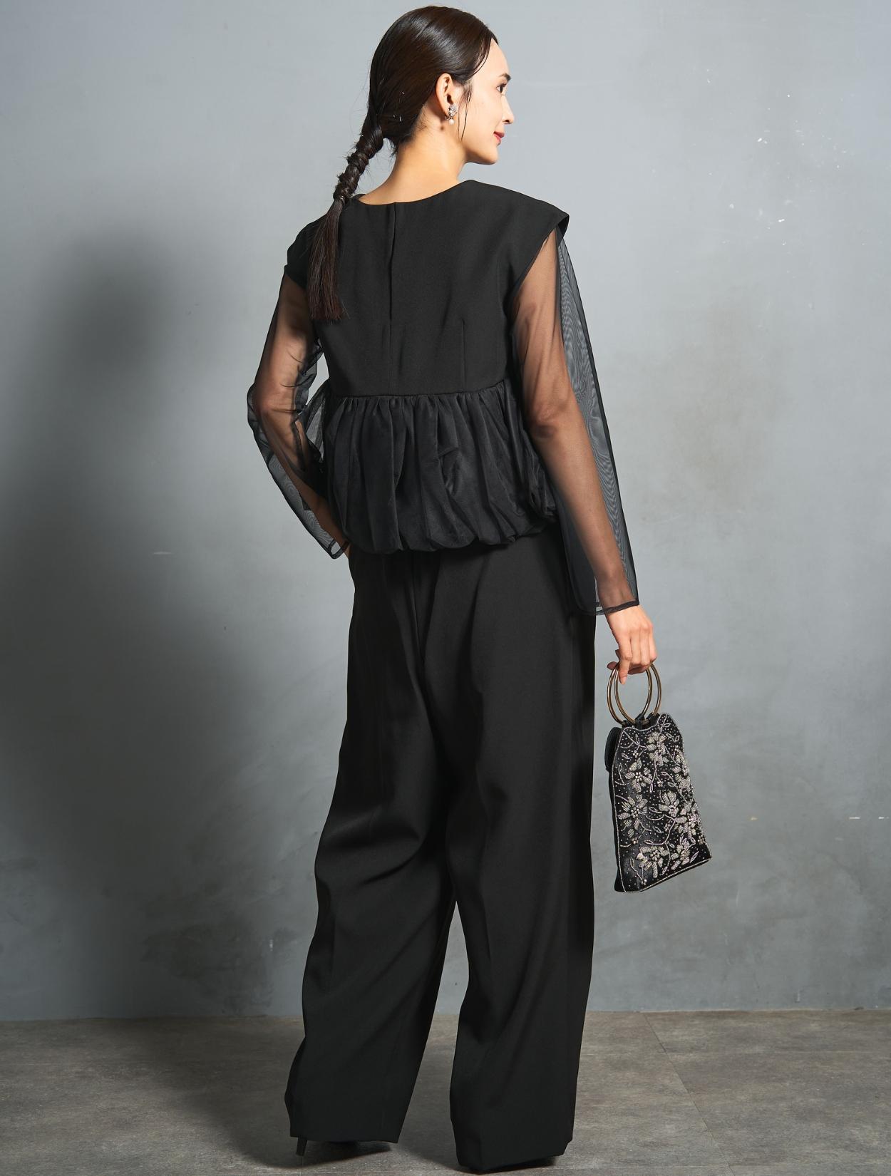 S/M/L】チュールペプラムセットアップパンツドレス（ブラック