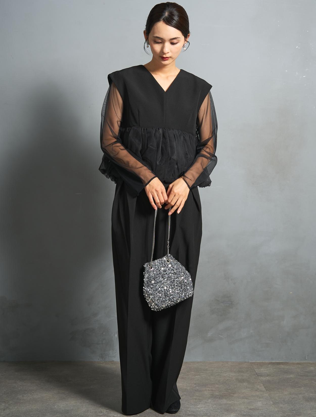 S/M/L】チュールペプラムセットアップパンツドレス（ブラック