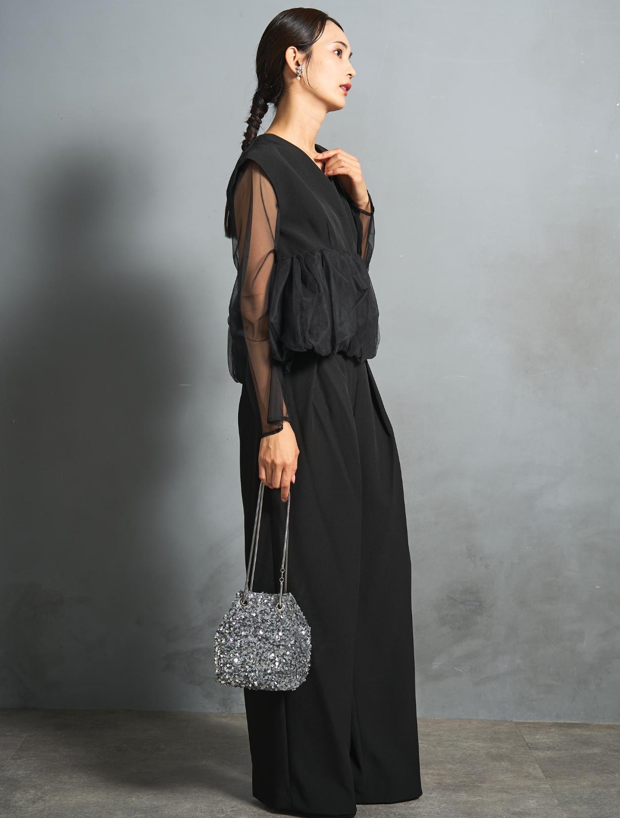 S/M/L】チュールペプラムセットアップパンツドレス（ブラック
