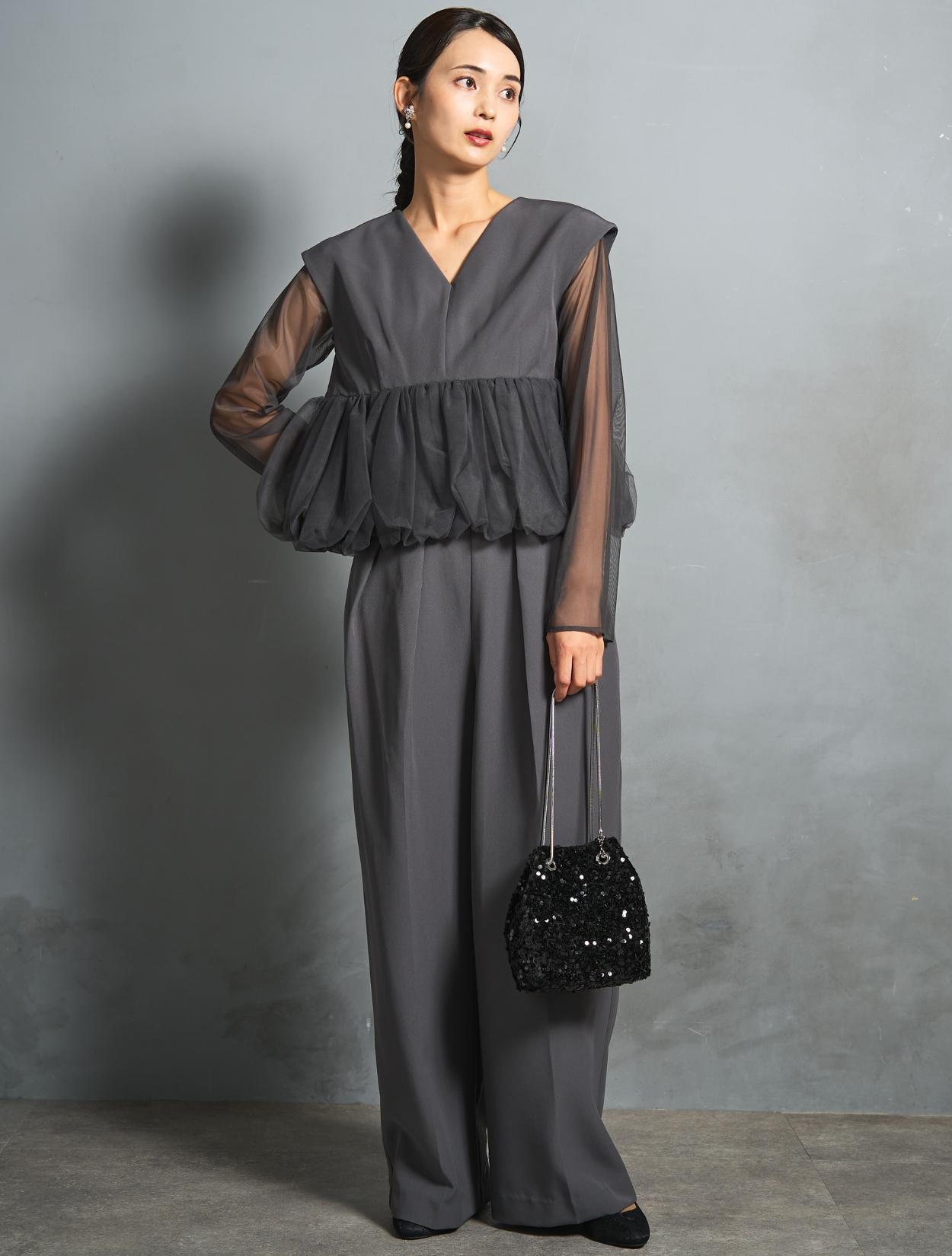 S/M/L】チュールペプラムセットアップパンツドレス（Cグレー