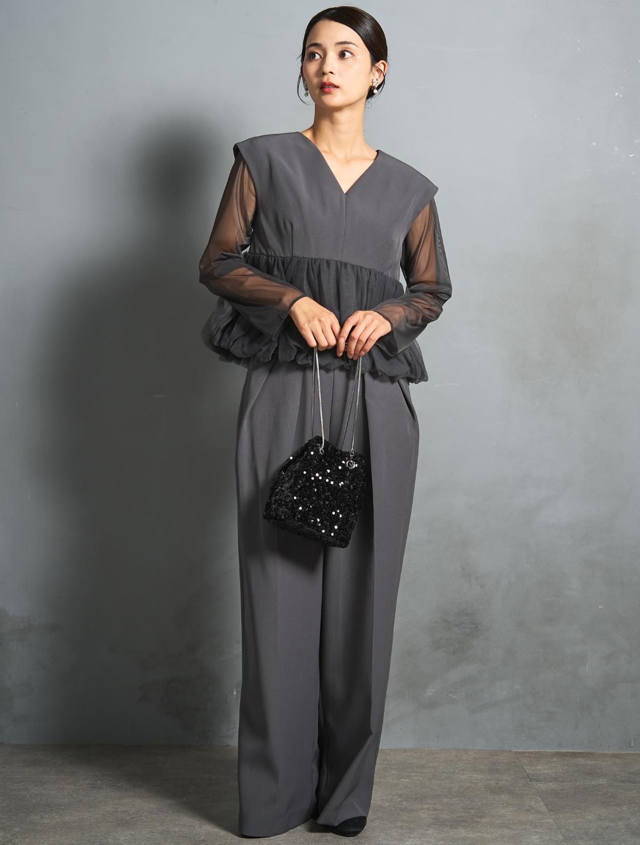 S/M/L】チュールペプラムセットアップパンツドレス（Cグレー