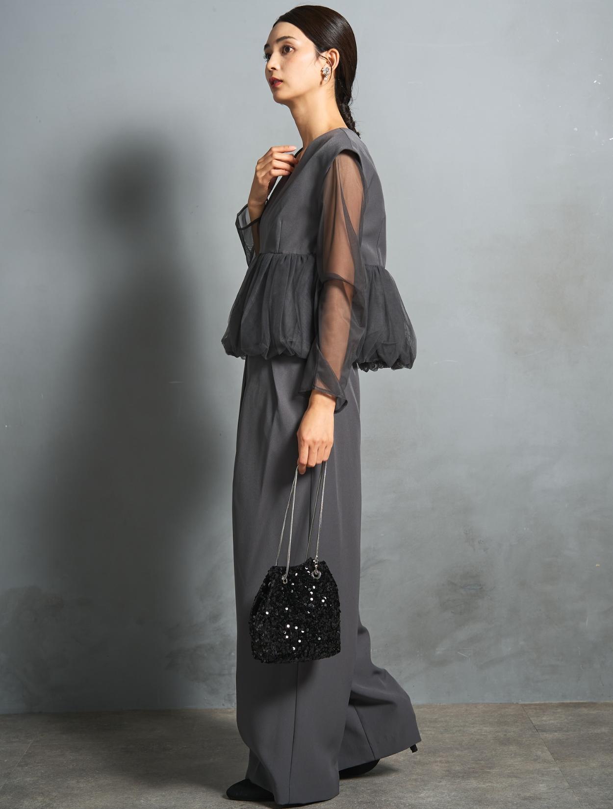 S/M/L】チュールペプラムセットアップパンツドレス（Cグレー