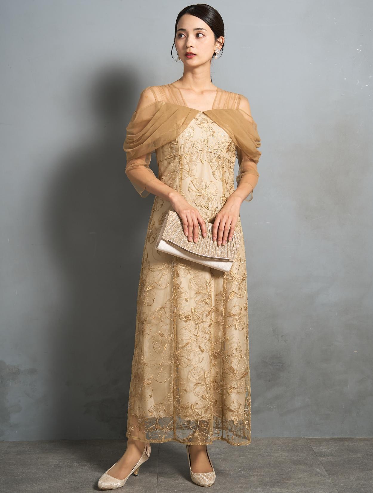 M/L】スパンコール刺繍オフショルダ−ドレス（イエロー