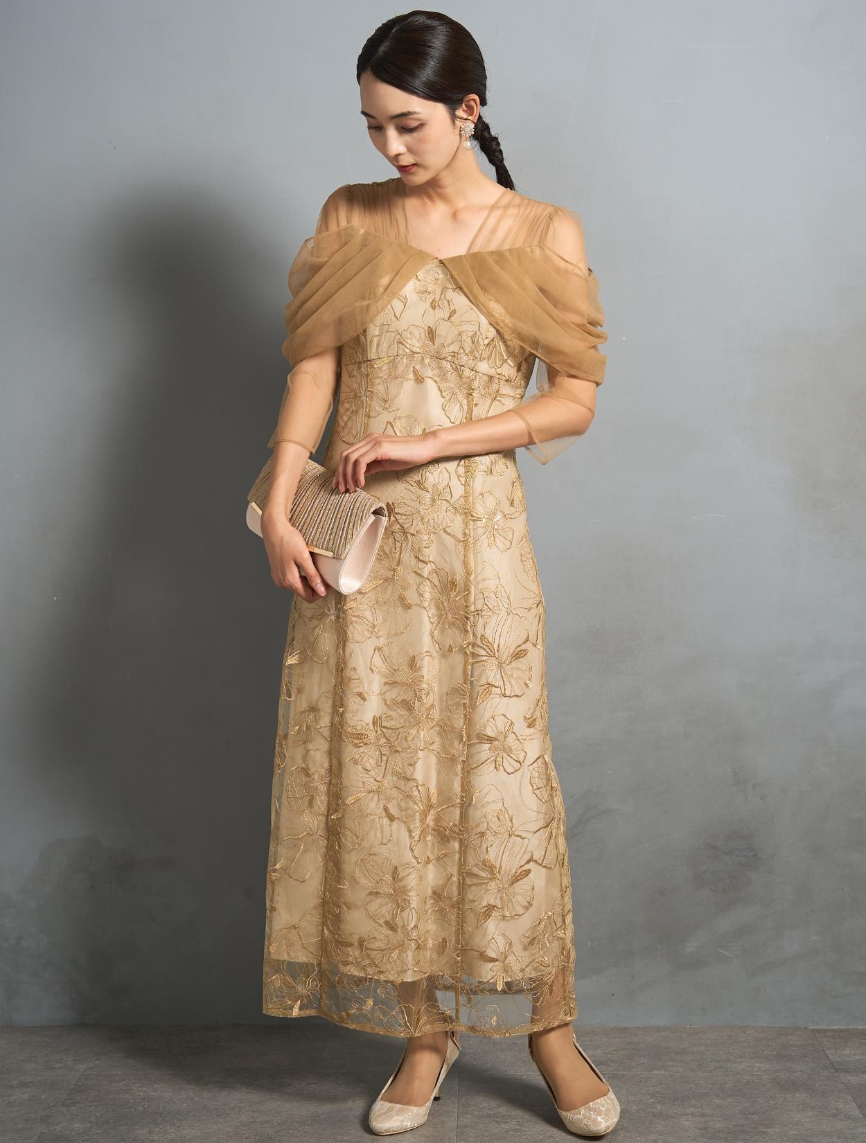 M/L】スパンコール刺繍オフショルダ−ドレス（イエロー）DPSET0835の