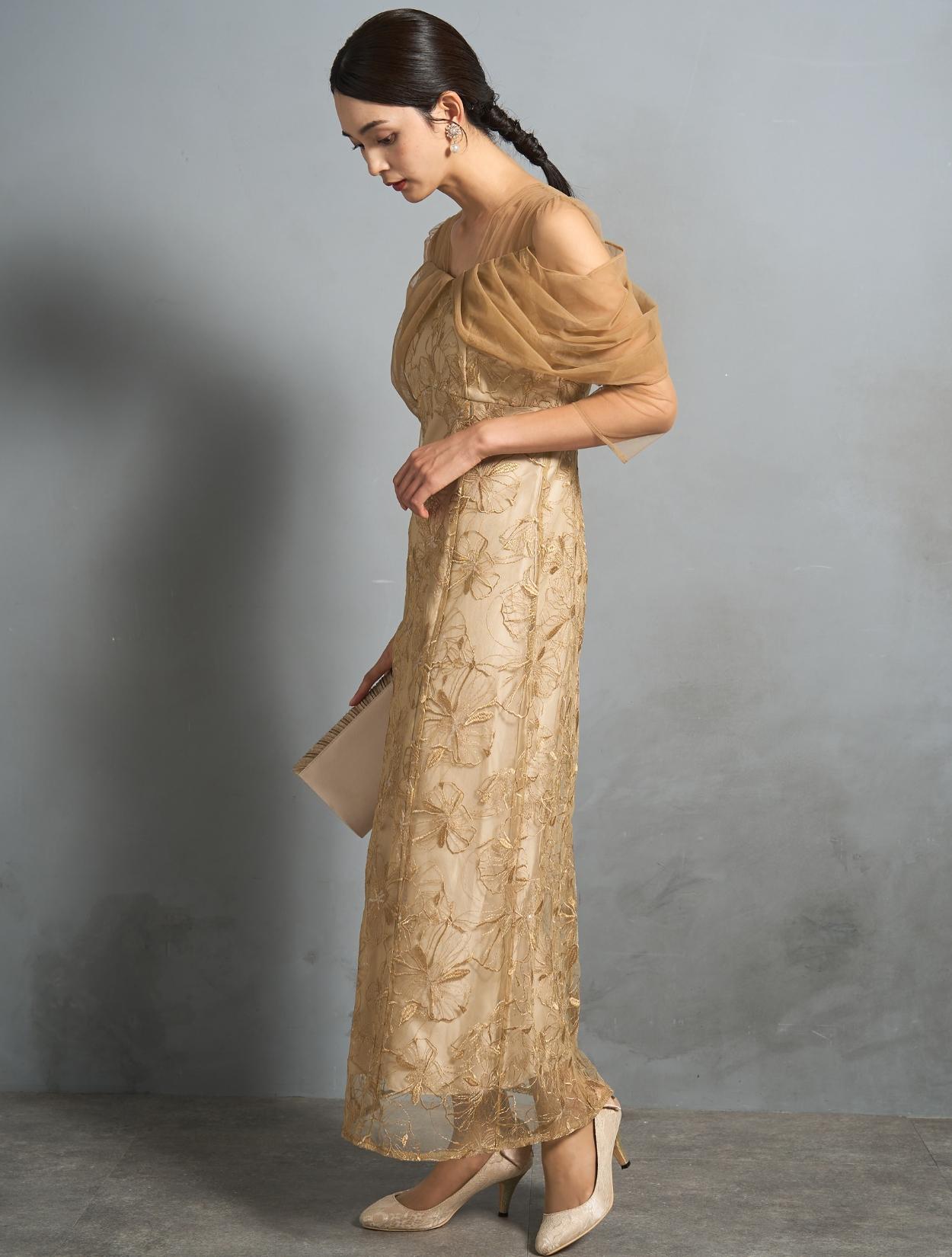 M/L】スパンコール刺繍オフショルダ−ドレス（イエロー