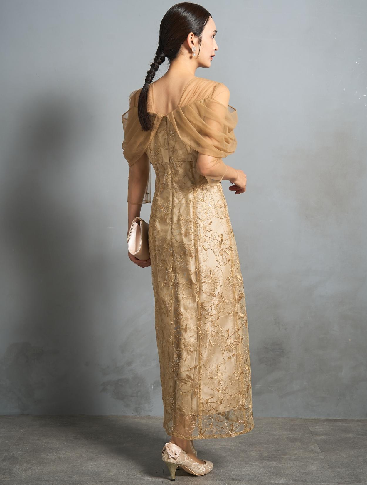 M/L】スパンコール刺繍オフショルダ−ドレス（イエロー