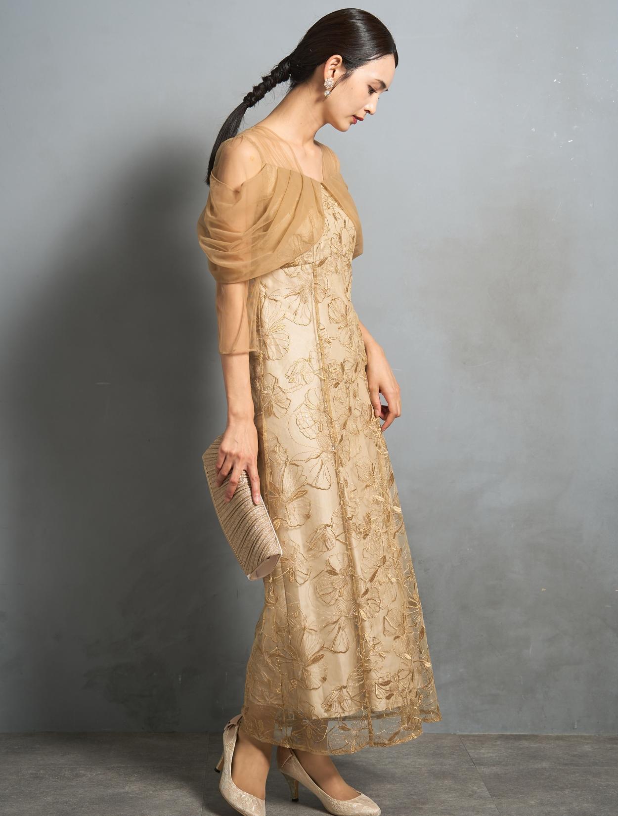 M/L】スパンコール刺繍オフショルダ−ドレス（イエロー