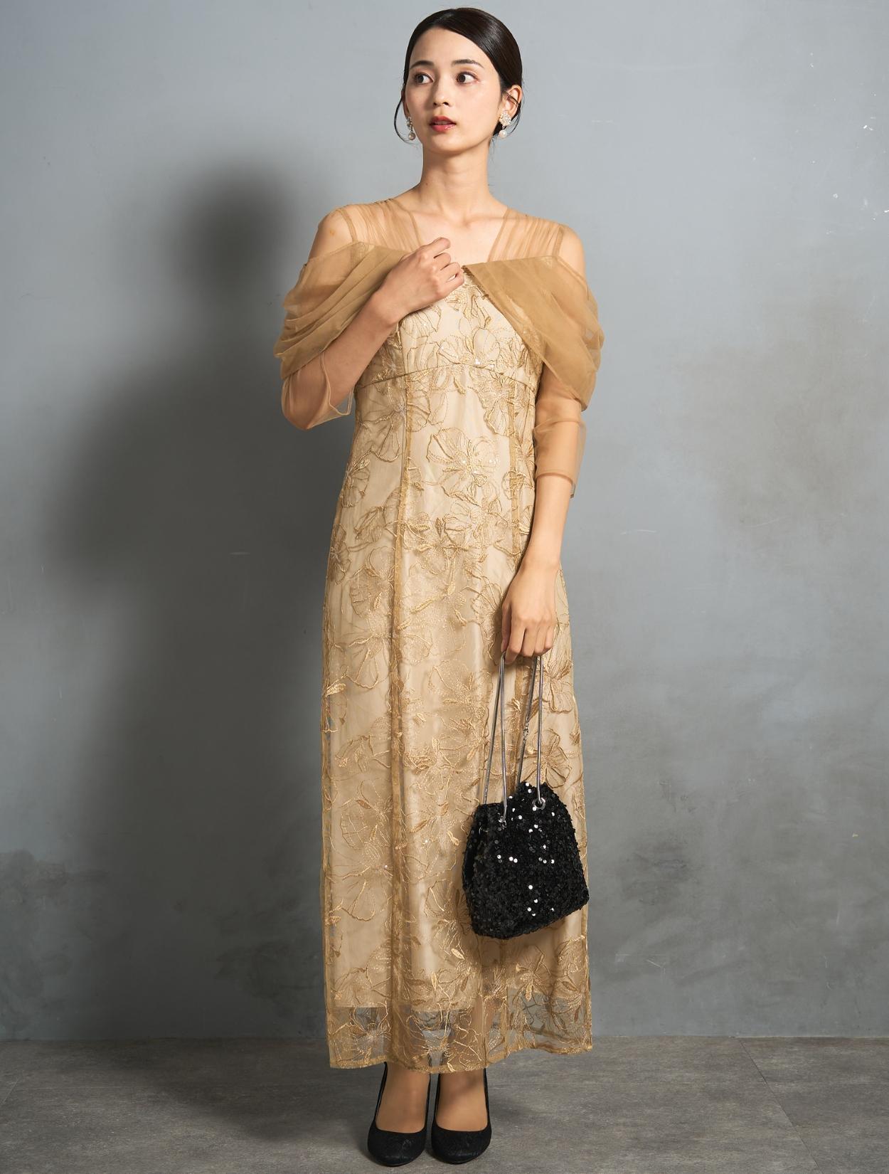 スパンコール オフショル ドレス M/L】スパンコール刺繍オフショルダ−ドレス（イエロー）DPSET0836の