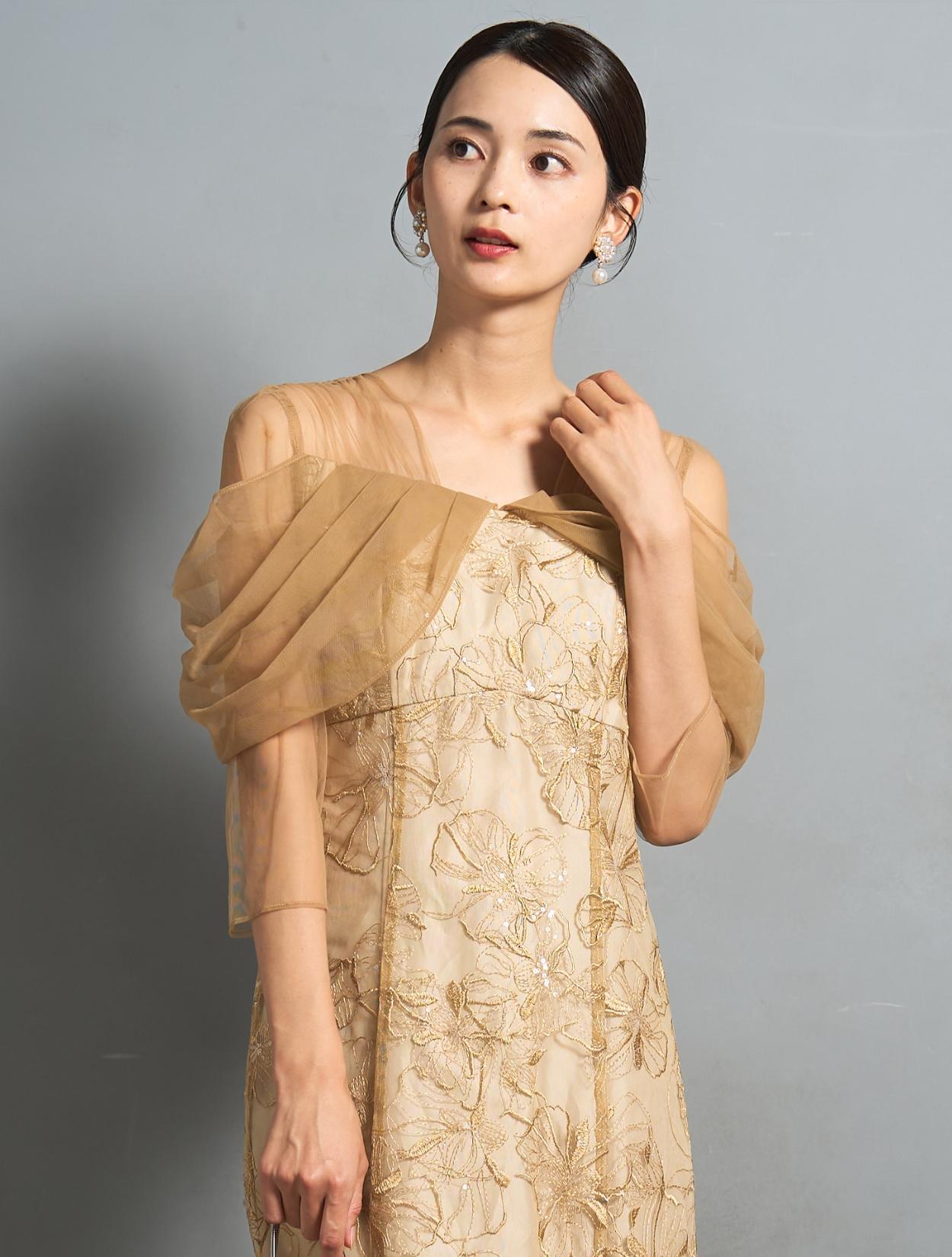 M/L】スパンコール刺繍オフショルダ−ドレス（イエロー
