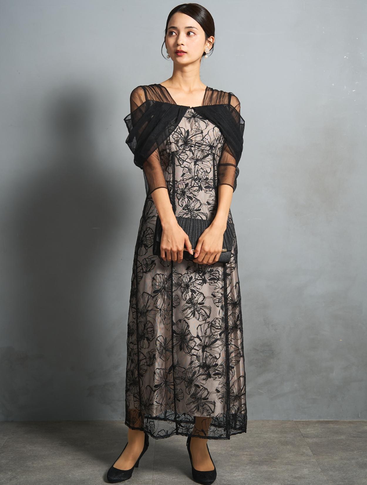 M/L】スパンコール刺繍オフショルダ−ドレス（ブラック）DPSET0840の