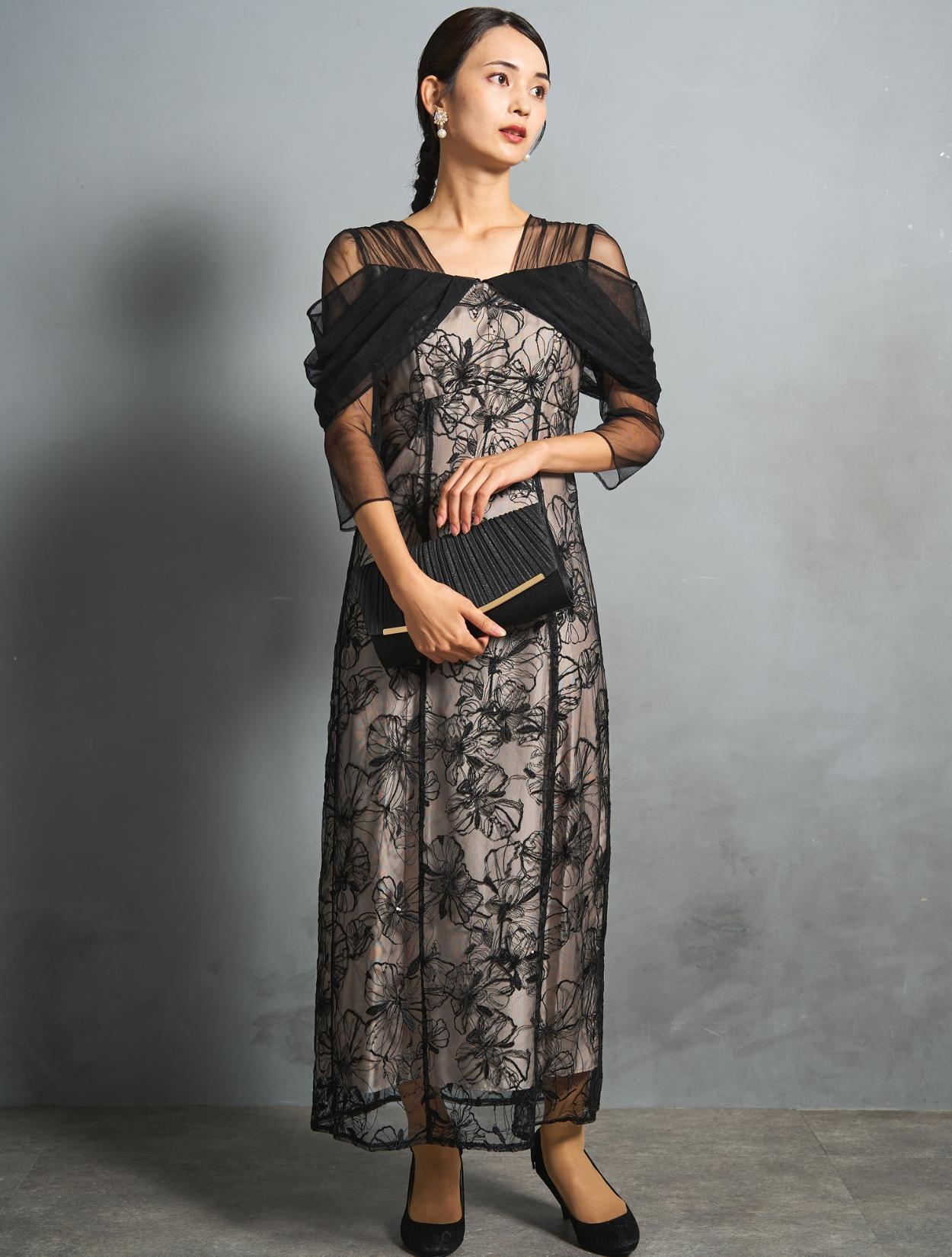 M/L】スパンコール刺繍オフショルダ−ドレス（ブラック）DPSET0840の