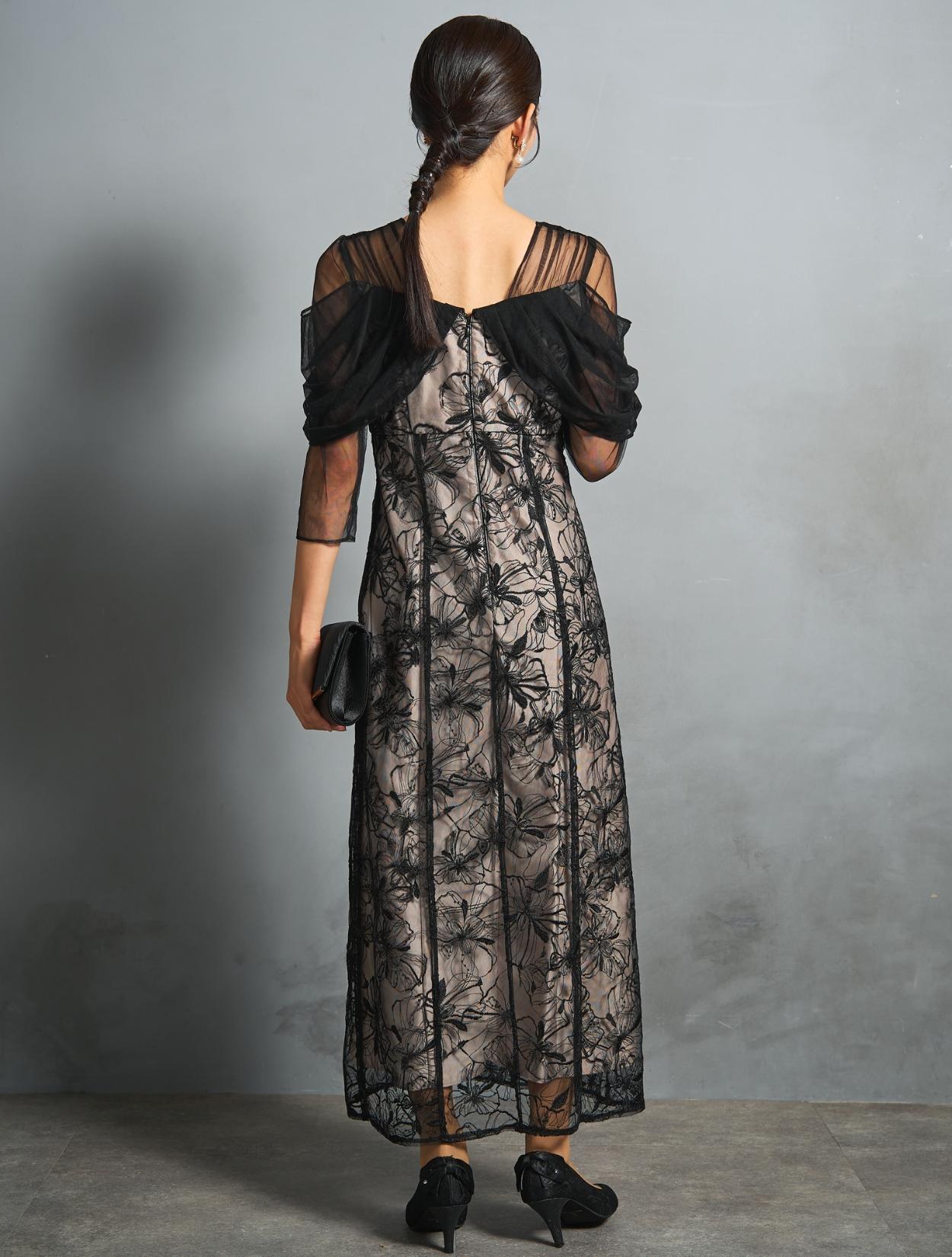 M/L】スパンコール刺繍オフショルダ−ドレス（ブラック）DPSET0840の