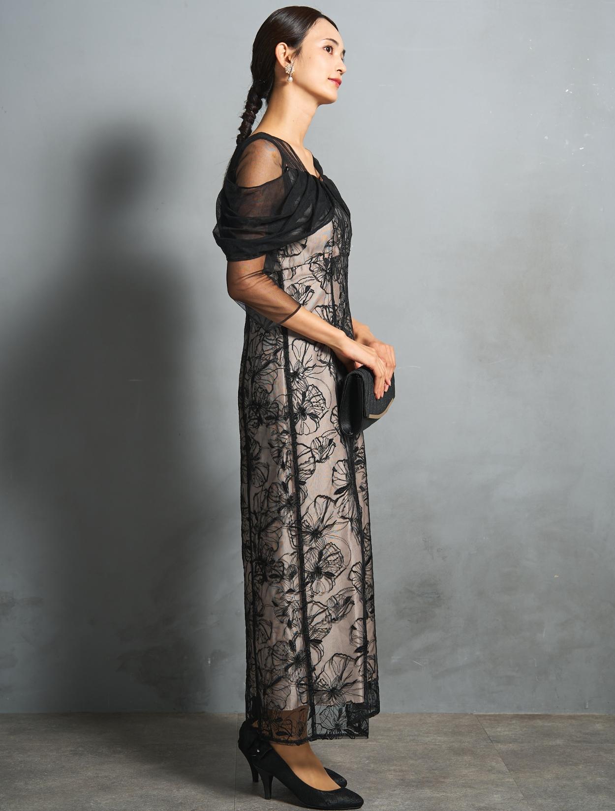 M/L】スパンコール刺繍オフショルダ−ドレス（ブラック）DPSET0840の