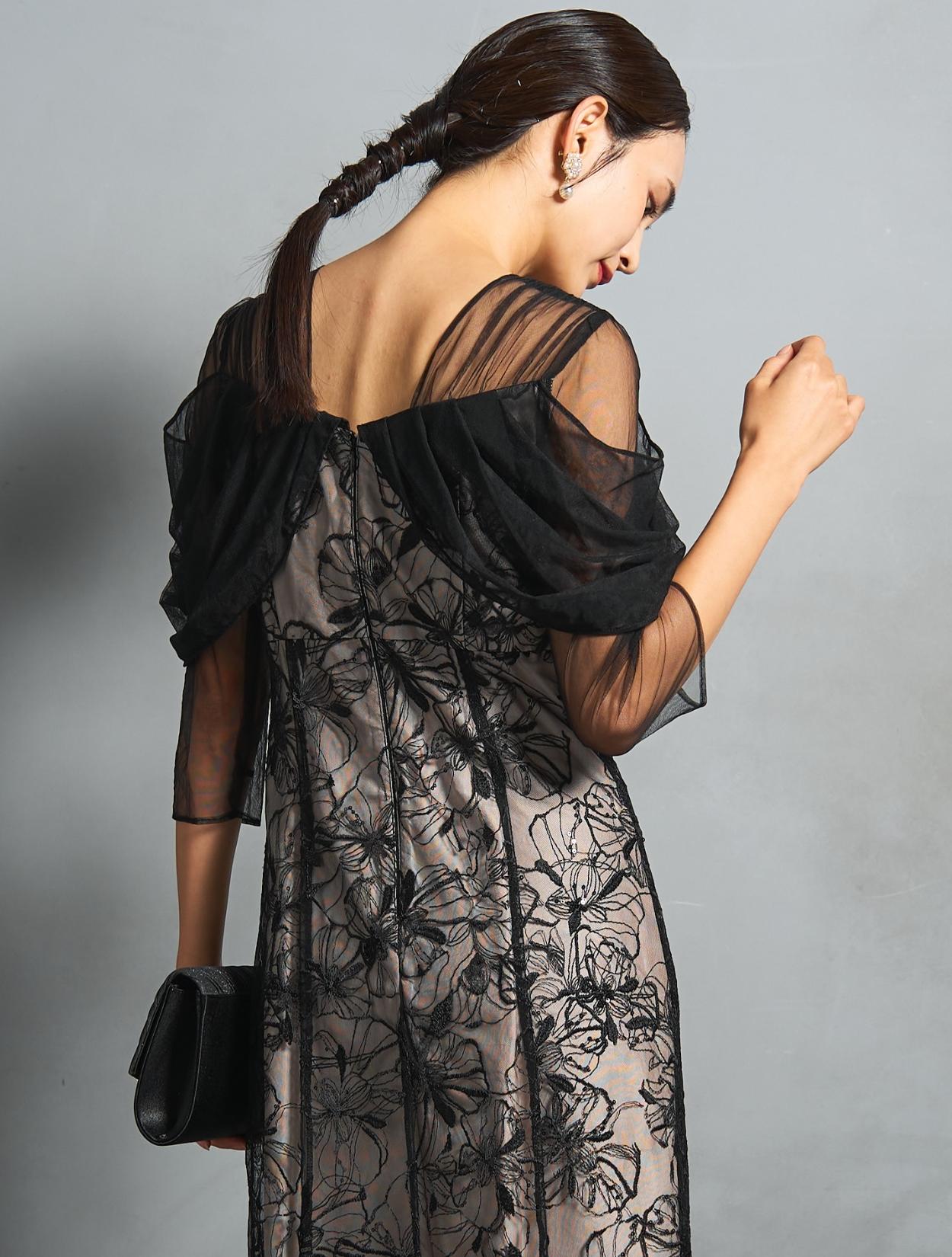 M/L】スパンコール刺繍オフショルダ−ドレス（ブラック）DPSET0840の