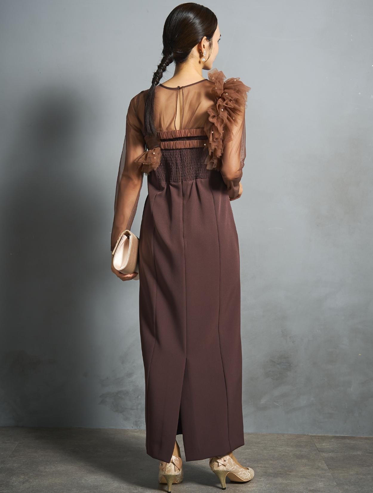 M/L】パールビスチェロングドレス（ブラウン）DPSET0843のレンタル