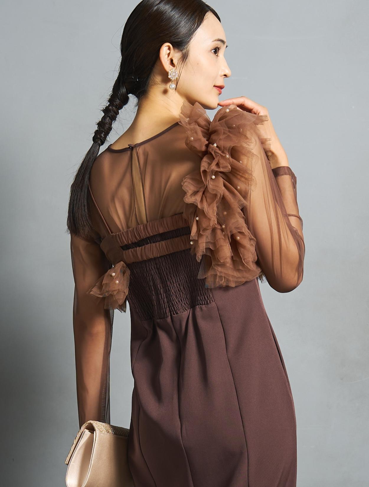 M/L】パールビスチェロングドレス（ブラウン）DPSET0843のレンタル